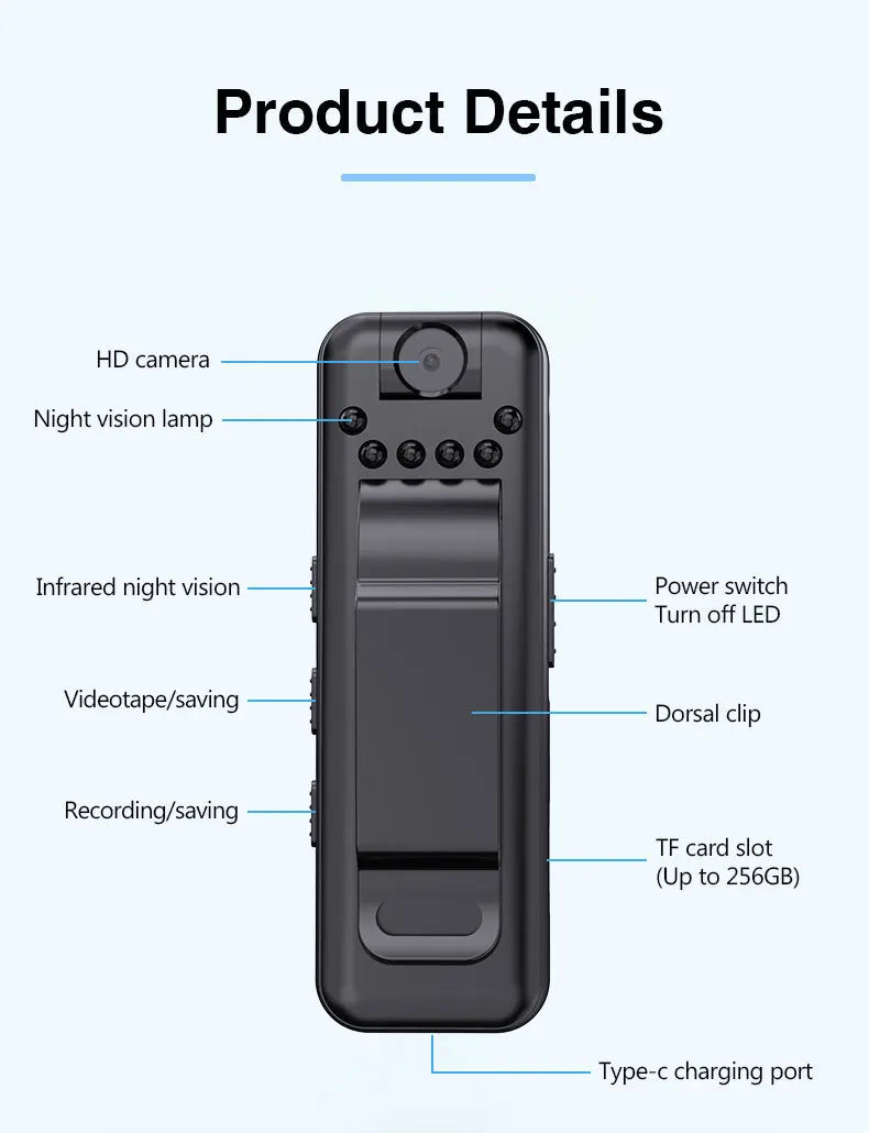 V1 1080P Mini Portable Camera with Back Clip Infrared Night Vision Camera, Suitable for Outdoor Sports and Office Security