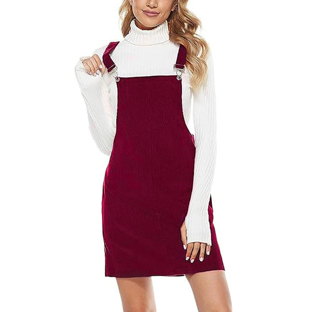 Women's Sleeveless Corduroy Pinafore Bib Overall Mini Dress A Line Cute Jumper Dress &Pockets For Teenager Adjustable Shoulder