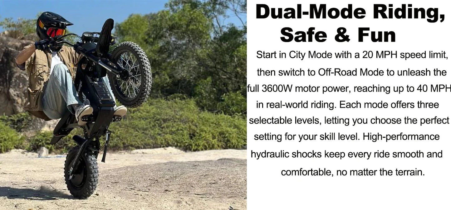 Freego X0 Mini Dirt Bike for Teens Adults 3600W Motor 40MPH Dual Hydraulic Disc Brakes All-Terrain Motorcycle Off-Road E-Bike UL