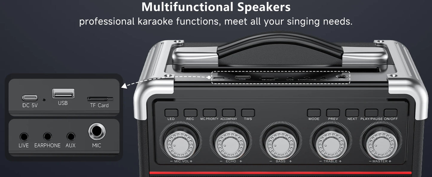 FanFun Karaoke Speaker, Bluetooth Speaker with 2 Microphones and LED Light, Portable Wireless Speaker, Outdoor Party Speaker