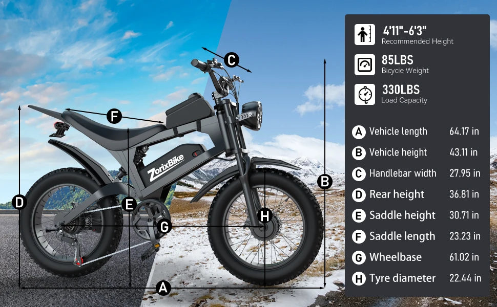 ZorixBike R8 Pro Electric Off-Road Bike 20x4.0 3000W 35Mph 80Mile 48V 20Ah,7 Speed Wide Tire All Terrain E-Bike For Adult