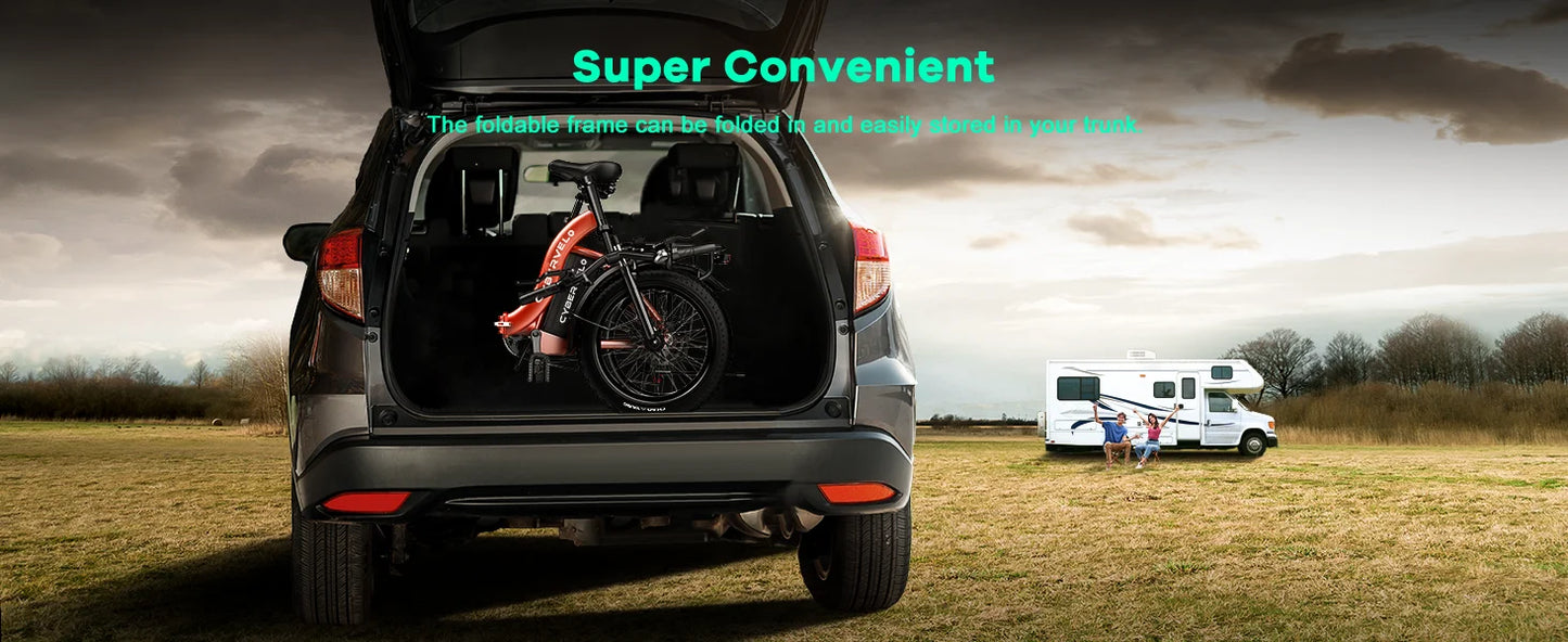 Cybervelo 1000W ebike for adults, 20A Large Removable Battery, Foldable Electric Bike, 20" Fat Tire ebike for all terrain