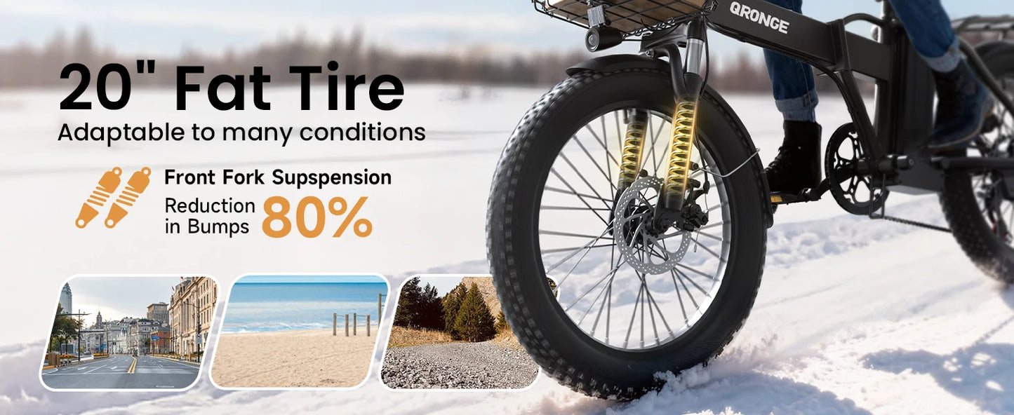 QRONGE Waterfall Folding Electric Bike 1000W Peak 48V 13.5AH Removable Battery Electric Bicycle 20" Fat Tire 28 MPH max E-Bike
