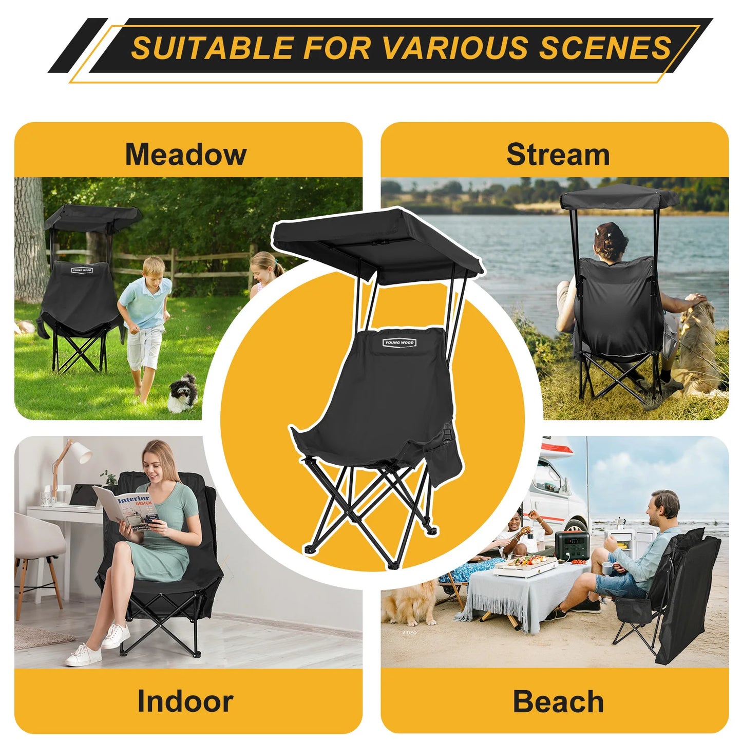 Camping Chair Beach Chair With Shade Canopy YOUNG WOOD Portable , Fold Lightweight Oversized For All, Easy To Open And Close