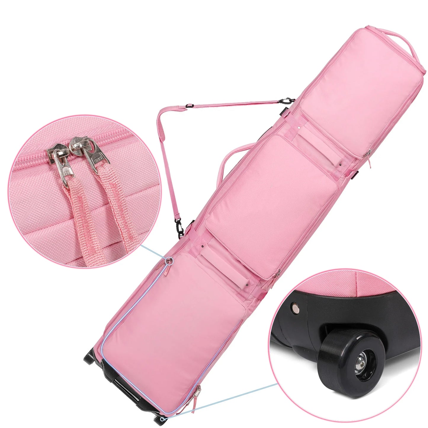 Pink/Black Winter Skiing Bag with Rolling Wheel Padded Polyester Waterproof Bag Adjustable Length 3 Separation Storage Board Bag