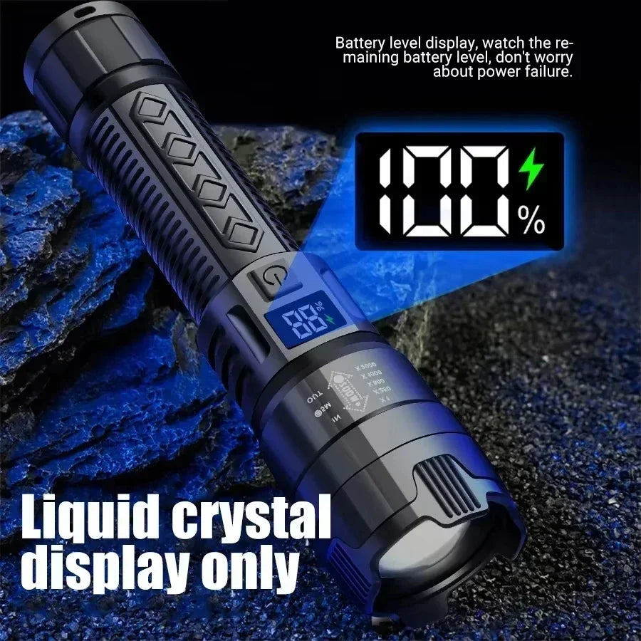 High Power 1000LM LED Flashlight Built-in Battery USB Rechargeable Strong Light Tactical Torch Outdoor Camping Hiking Lantern