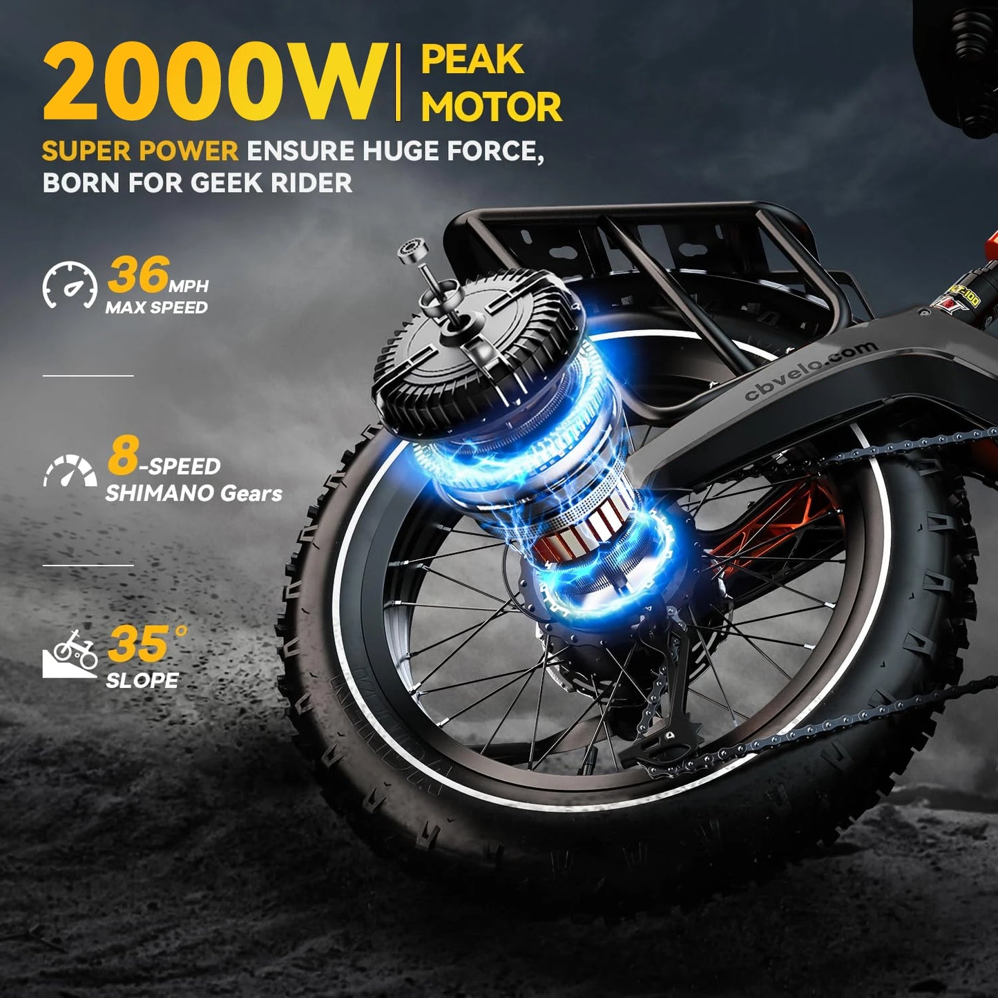 Cybervelo 2000W Peak Folding Electric Bike for Adults, 30+MPH , 48V 25Ah Removable Battery, 20" Fat Tire E-bike ,Off-road EK6