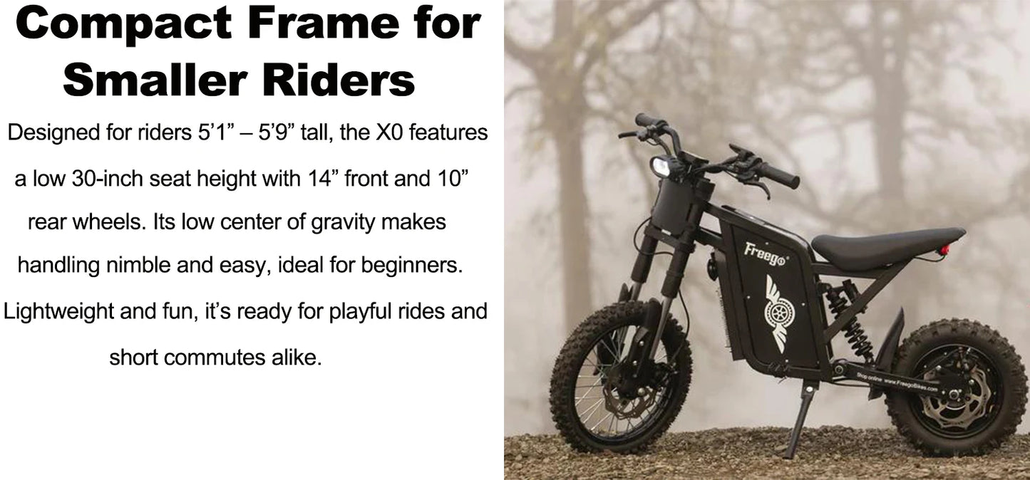 Freego X0 Mini Dirt Bike for Teens Adults 3600W Motor 40MPH Dual Hydraulic Disc Brakes All-Terrain Motorcycle Off-Road E-Bike UL