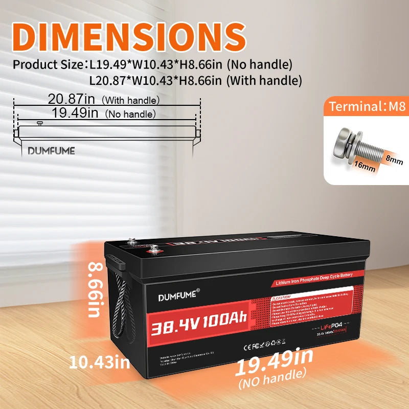 Dumfume 24V 100Ah Lifepo4 Lithium Battery 100A BMS 12V 600Ah/12V 314Ah/12V 100Ah/36V 100Ah Battery Solar RV 1 Year Warranty