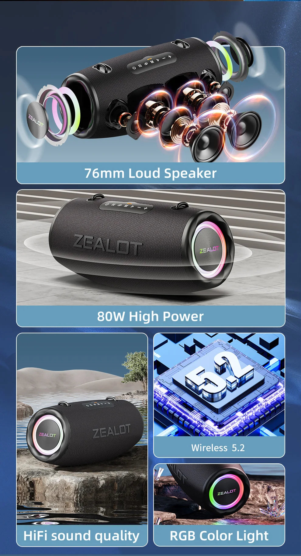 ZEALOT S87 Outdoor Portable Wireless Bluetooth Speaker 80W High Volume Subwoofer Sound Performace IPX6 Waterproof camping.