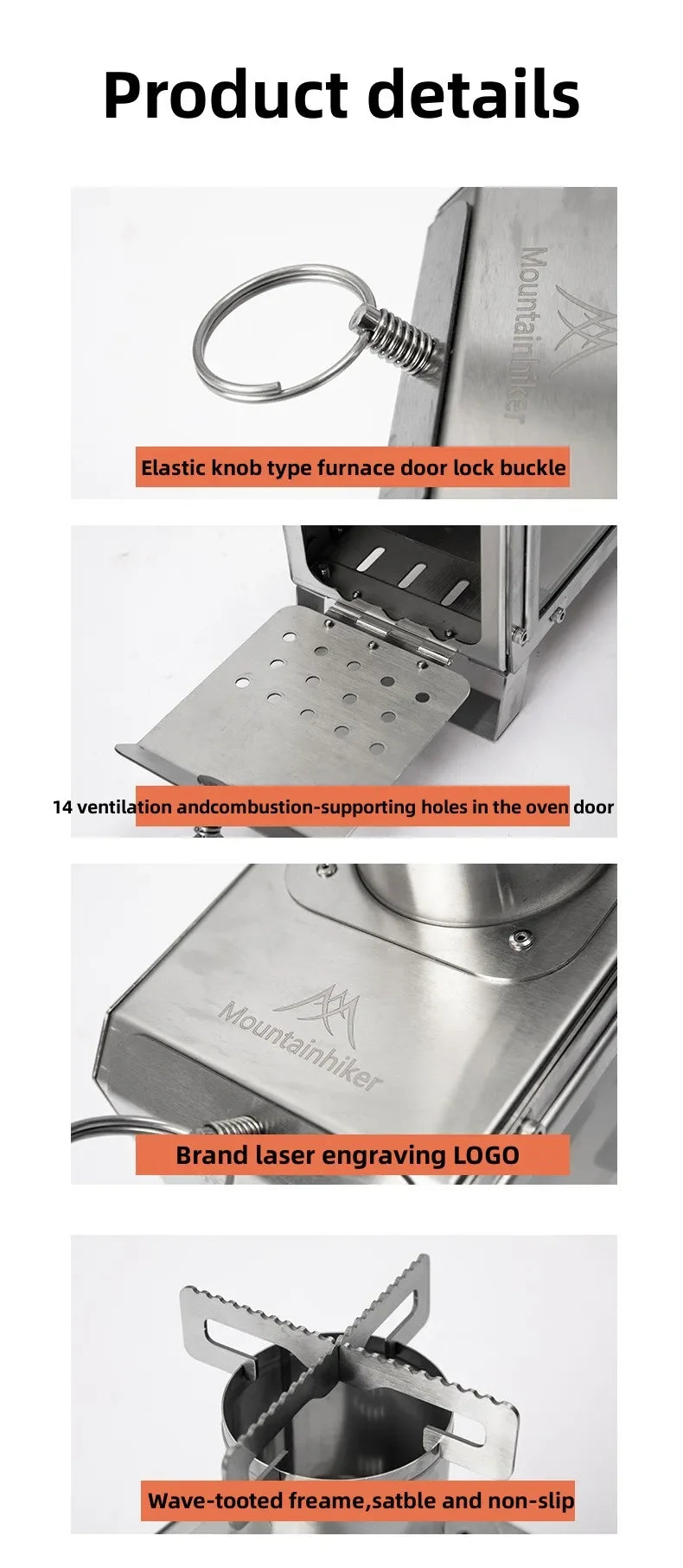 MOUNTAINHIKER Wood Burner Stove Portable Firewood Square Stove Stainless Steel Outdoor Fire Heater Stove Picnic Hiking Camping