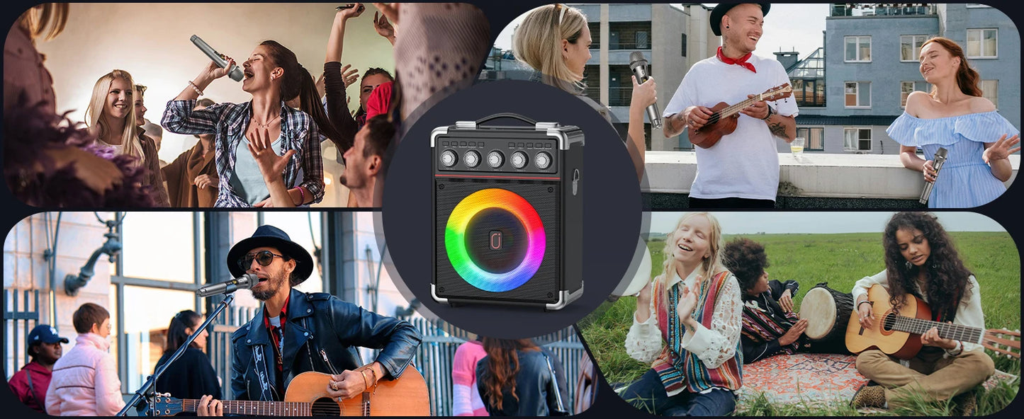 FanFun Karaoke Speaker, Bluetooth Speaker with 2 Microphones and LED Light, Portable Wireless Speaker, Outdoor Party Speaker