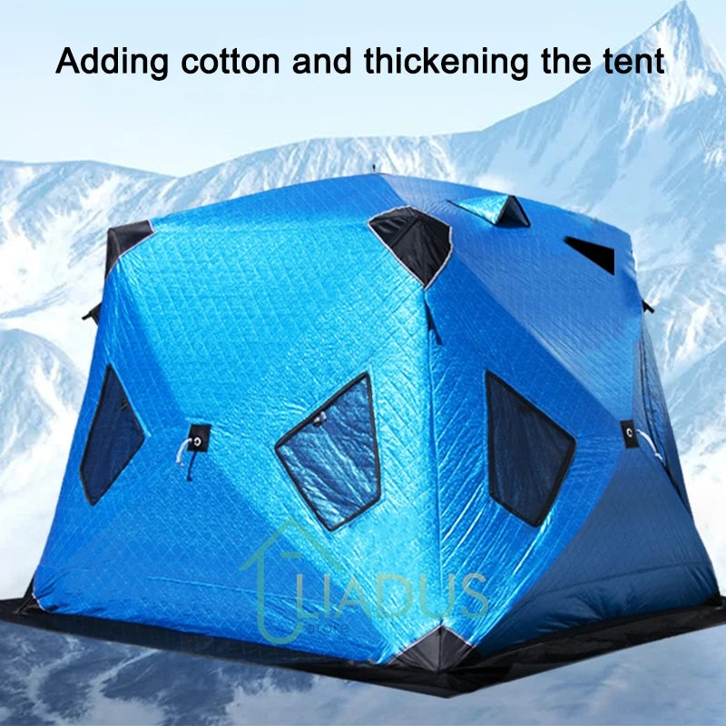 Winter Fishing & Camping Thickened Triangle Cotton Tent Double Door 4 Window Wind/Snowproof Ice Shelter for Outdoor Activities