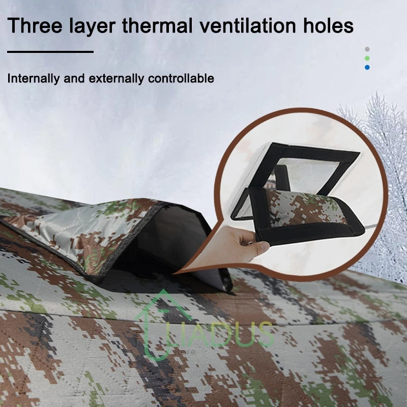 Winter Fishing & Camping Thickened Triangle Cotton Tent Double Door 4 Window Wind/Snowproof Ice Shelter for Outdoor Activities