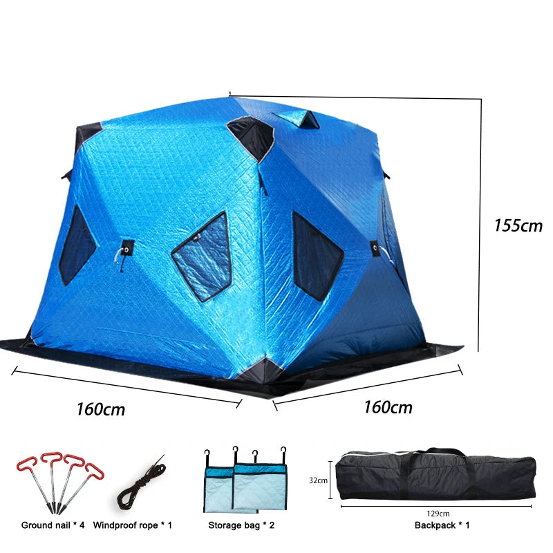 Winter Fishing & Camping Thickened Triangle Cotton Tent Double Door 4 Window Wind/Snowproof Ice Shelter for Outdoor Activities