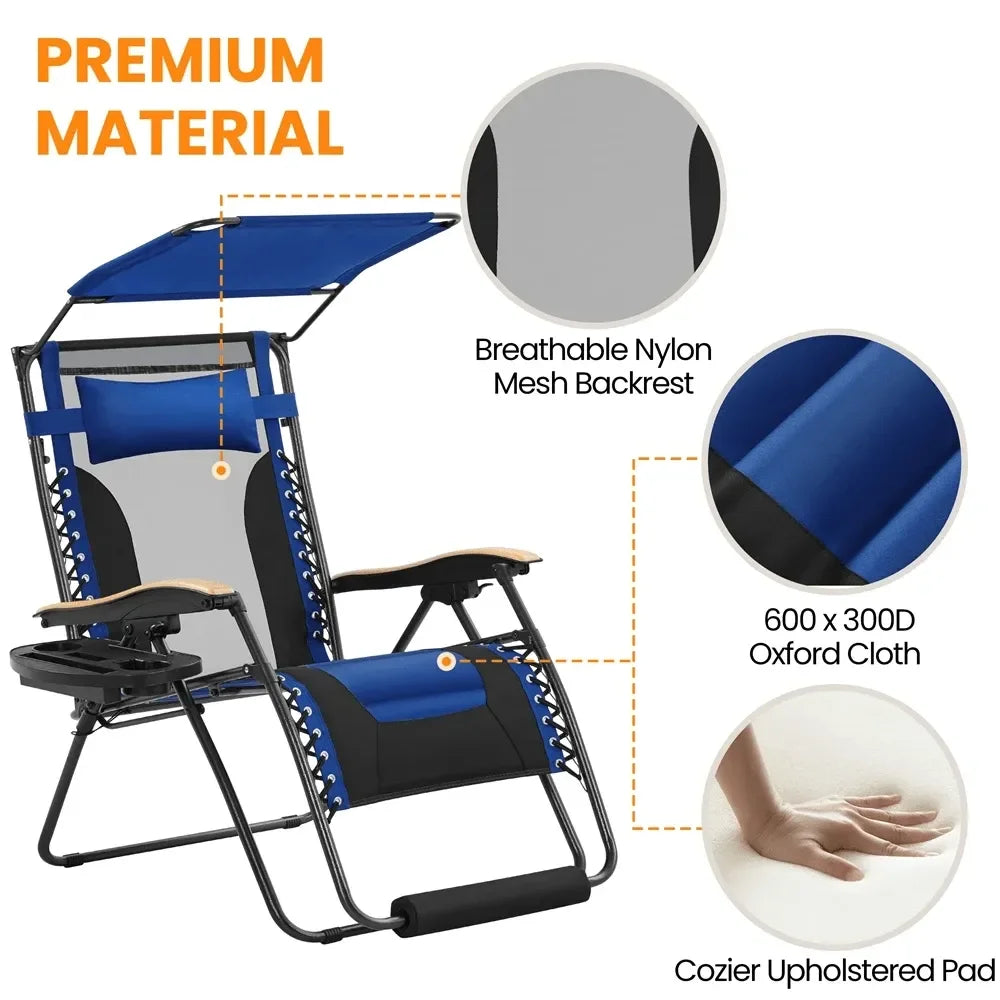 Outdoor Zero Gravity Chair XL Foldable Reclining Lounge Chair With Adjustable Sun Shade Cupholder Pillow Camping Chair For Pool