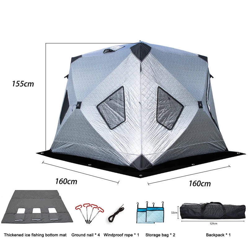 Winter Fishing & Camping Thickened Triangle Cotton Tent Double Door 4 Window Wind/Snowproof Ice Shelter for Outdoor Activities