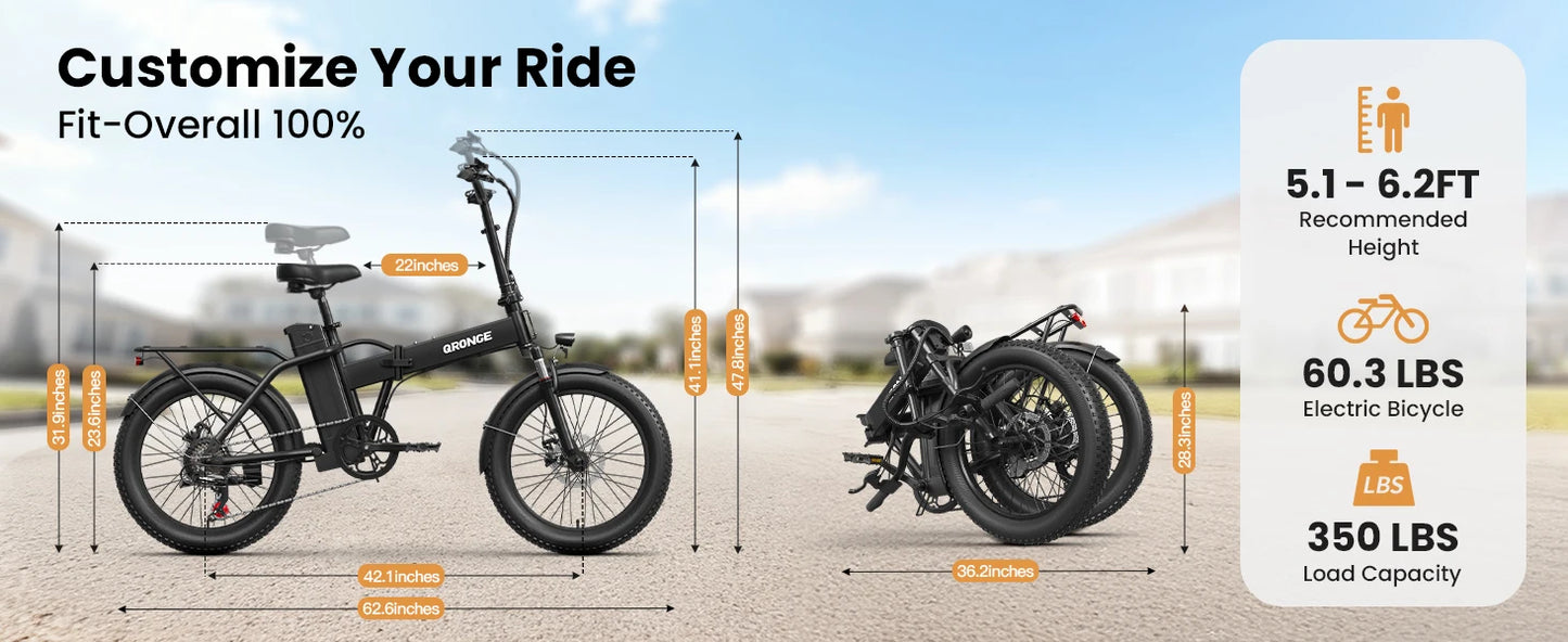 QRONGE Waterfall Folding Electric Bike 1000W Peak 48V 13.5AH Removable Battery Electric Bicycle 20" Fat Tire 28 MPH max E-Bike