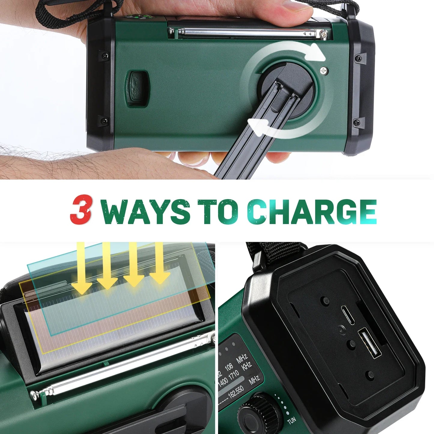 Emergency Weather Radio 10000mAh Solar Hand Crank Portable AM/FM/NOAA with Flashlight & Reading Lamp SOS for Home and Outdoor