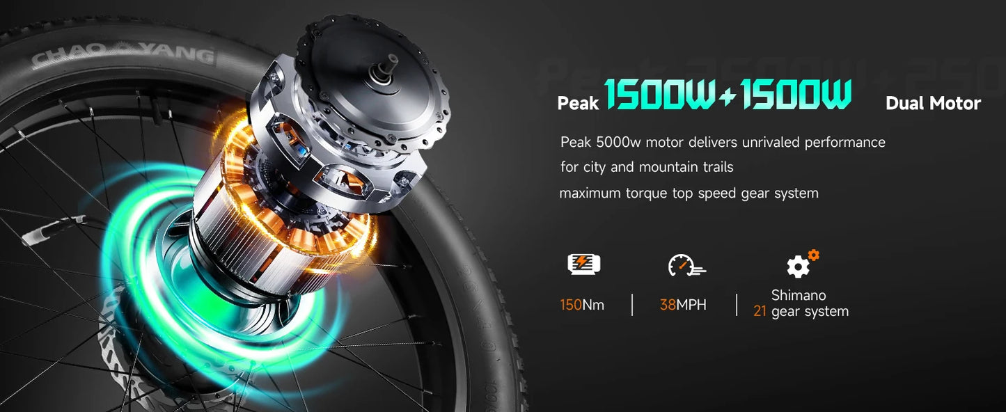 BAOLUJIE Peak 3000W/5000W Dual Motor Electric Bicycle  E-Bike for Adults，Electric Motorcycle 48V/52V Battery，Max Speed 38 MPH