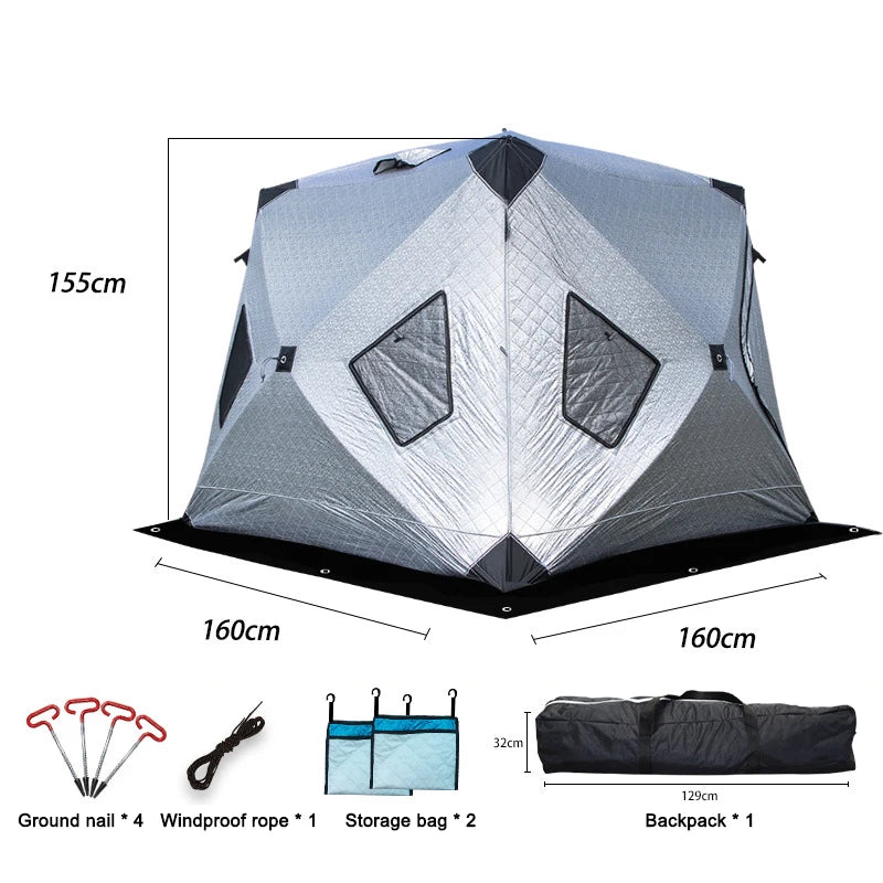 Winter Fishing & Camping Thickened Triangle Cotton Tent Double Door 4 Window Wind/Snowproof Ice Shelter for Outdoor Activities