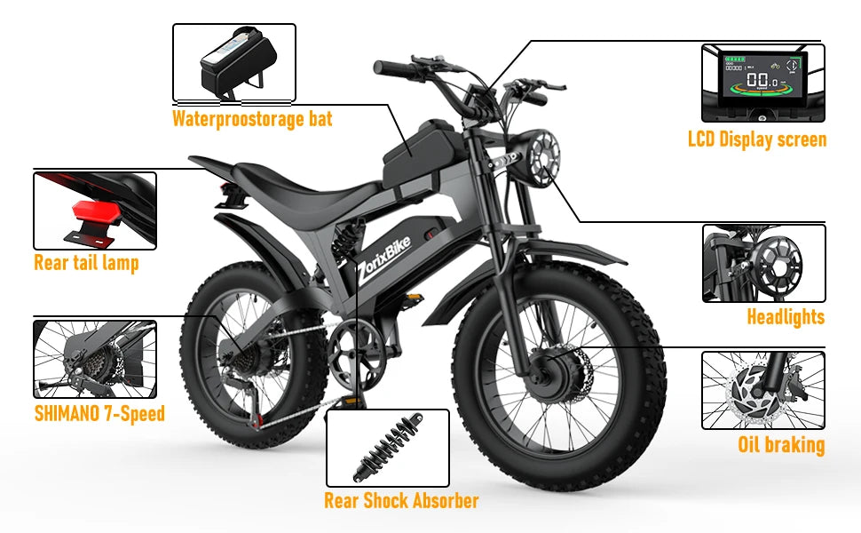 ZorixBike R8 Pro Electric Off-Road Bike 20x4.0 3000W 35Mph 80Mile 48V 20Ah,7 Speed Wide Tire All Terrain E-Bike For Adult