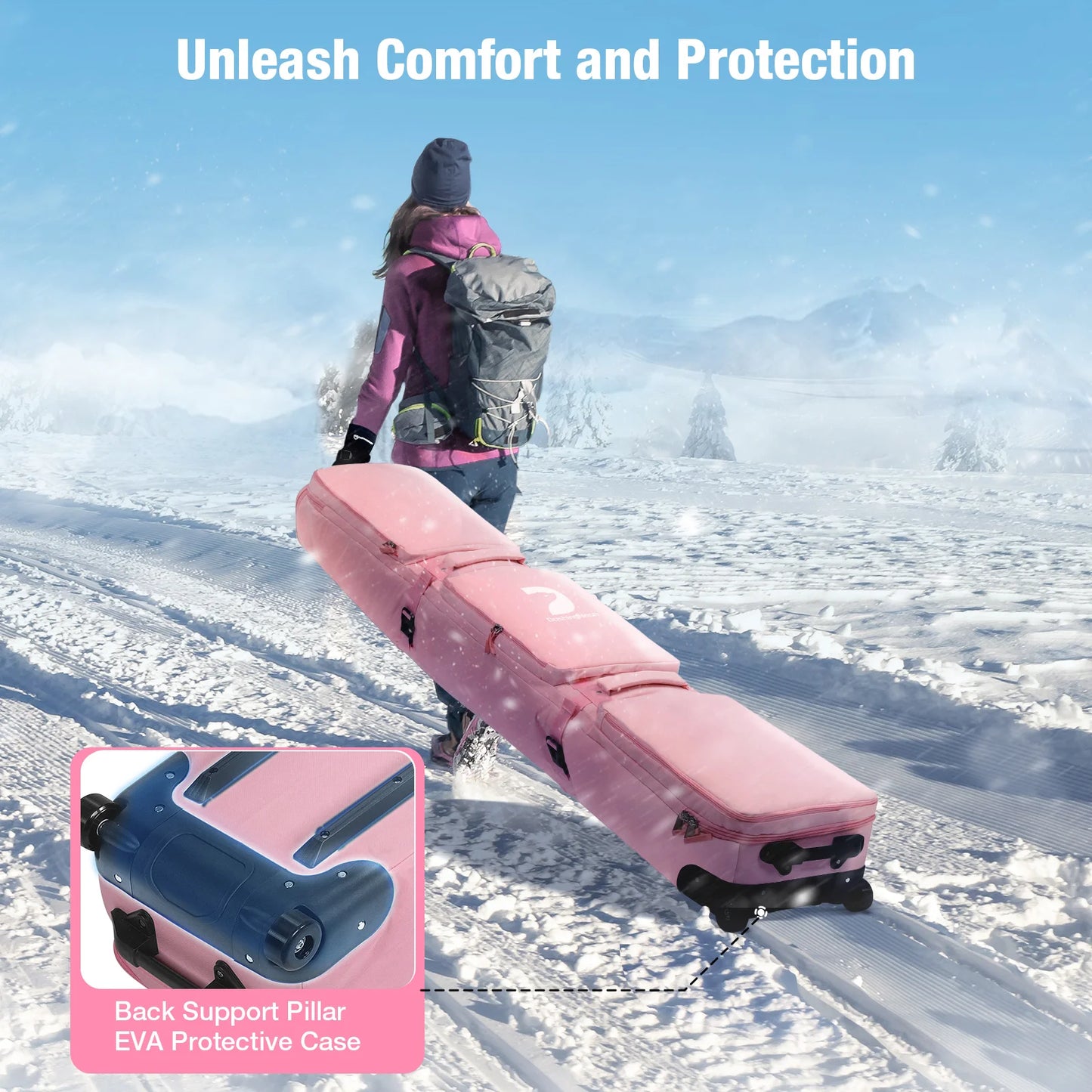 Pink/Black Winter Skiing Bag with Rolling Wheel Padded Polyester Waterproof Bag Adjustable Length 3 Separation Storage Board Bag