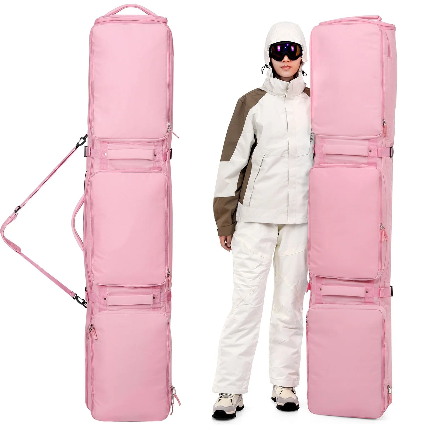 Pink/Black Winter Skiing Bag with Rolling Wheel Padded Polyester Waterproof Bag Adjustable Length 3 Separation Storage Board Bag