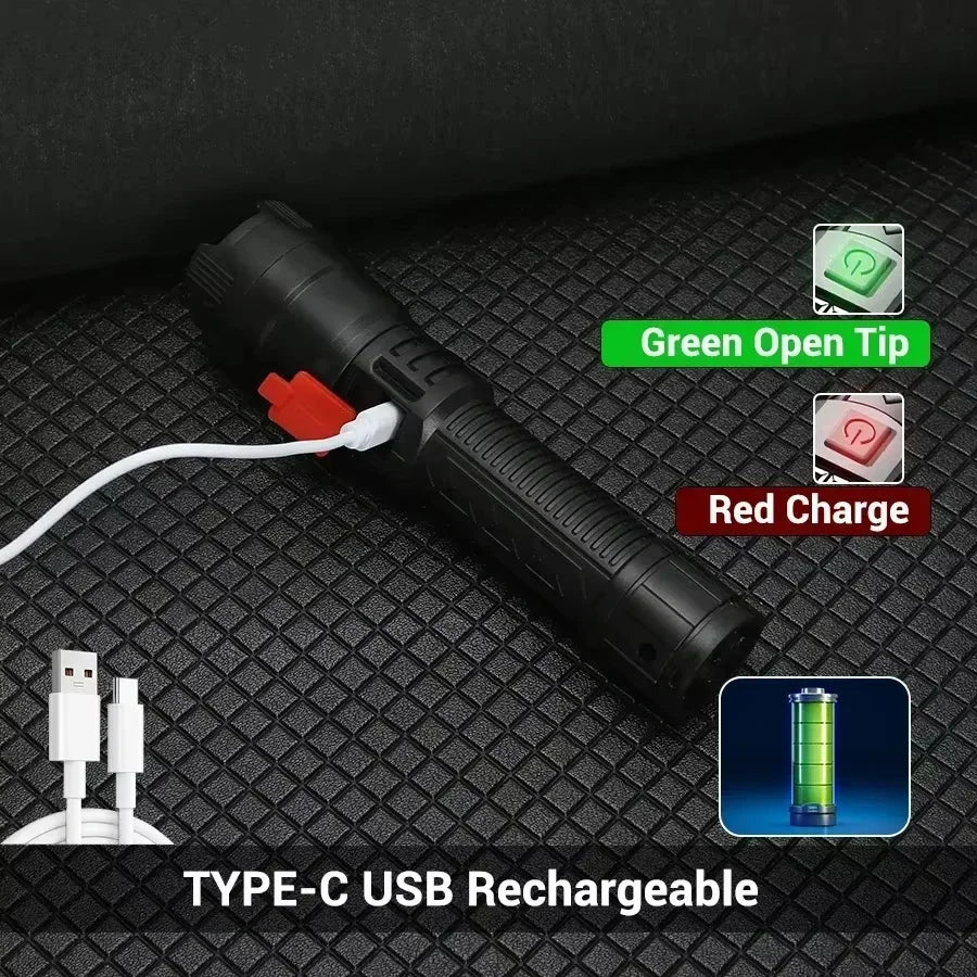 High Power 1000LM LED Flashlight Built-in Battery USB Rechargeable Strong Light Tactical Torch Outdoor Camping Hiking Lantern