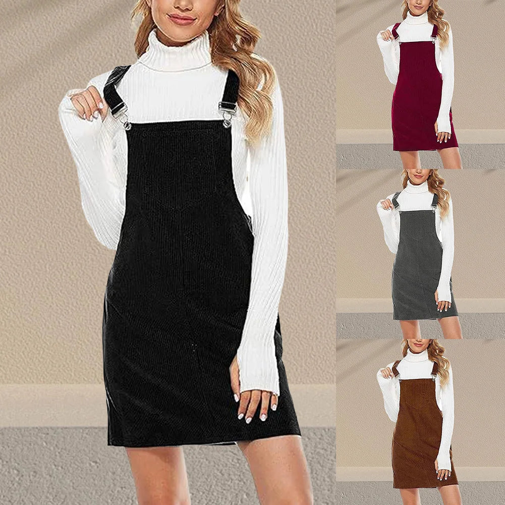 Women's Sleeveless Corduroy Pinafore Bib Overall Mini Dress A Line Cute Jumper Dress &Pockets For Teenager Adjustable Shoulder