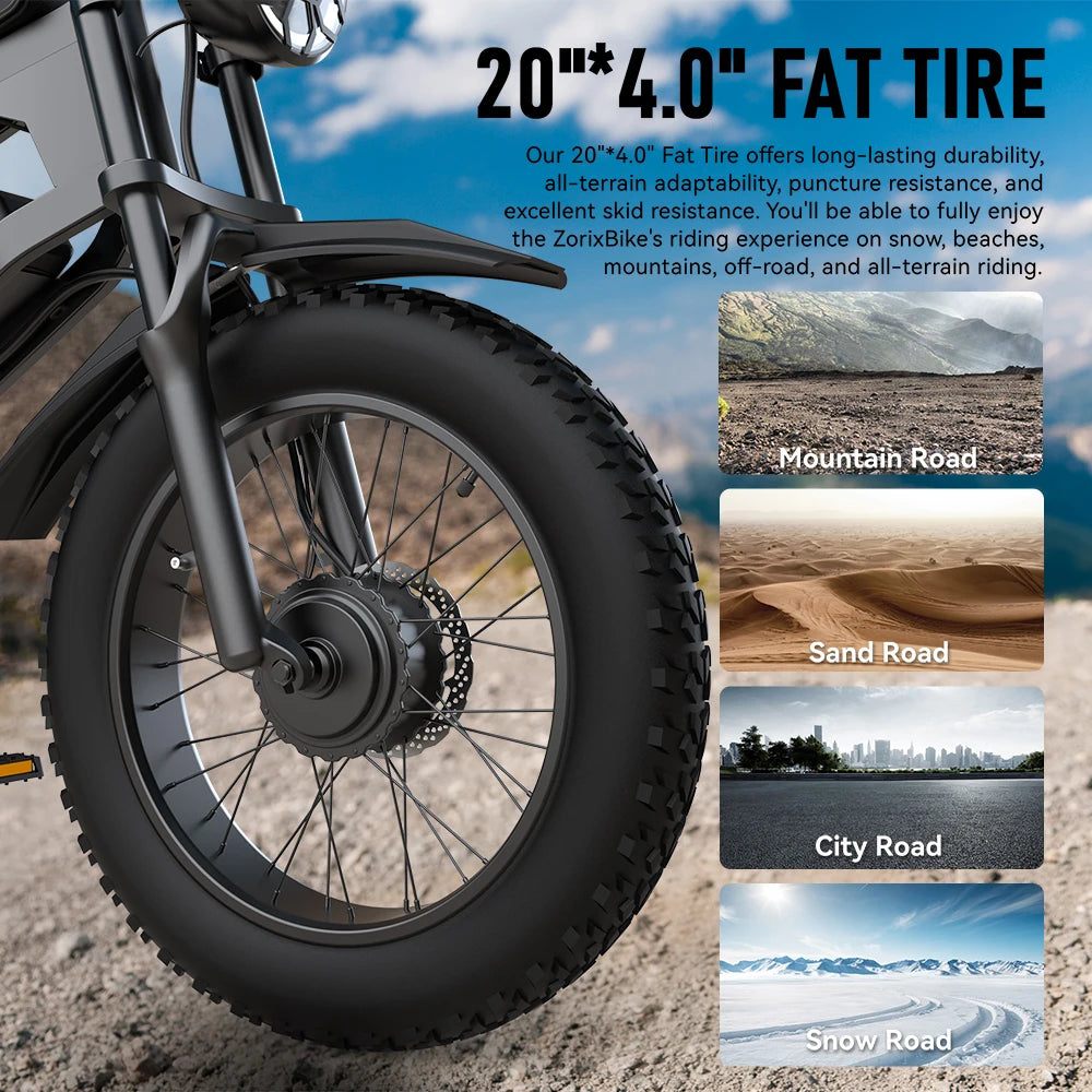 ZorixBike R8 Pro Electric Off-Road Bike 20x4.0 3000W 35Mph 80Mile 48V 20Ah,7 Speed Wide Tire All Terrain E-Bike For Adult