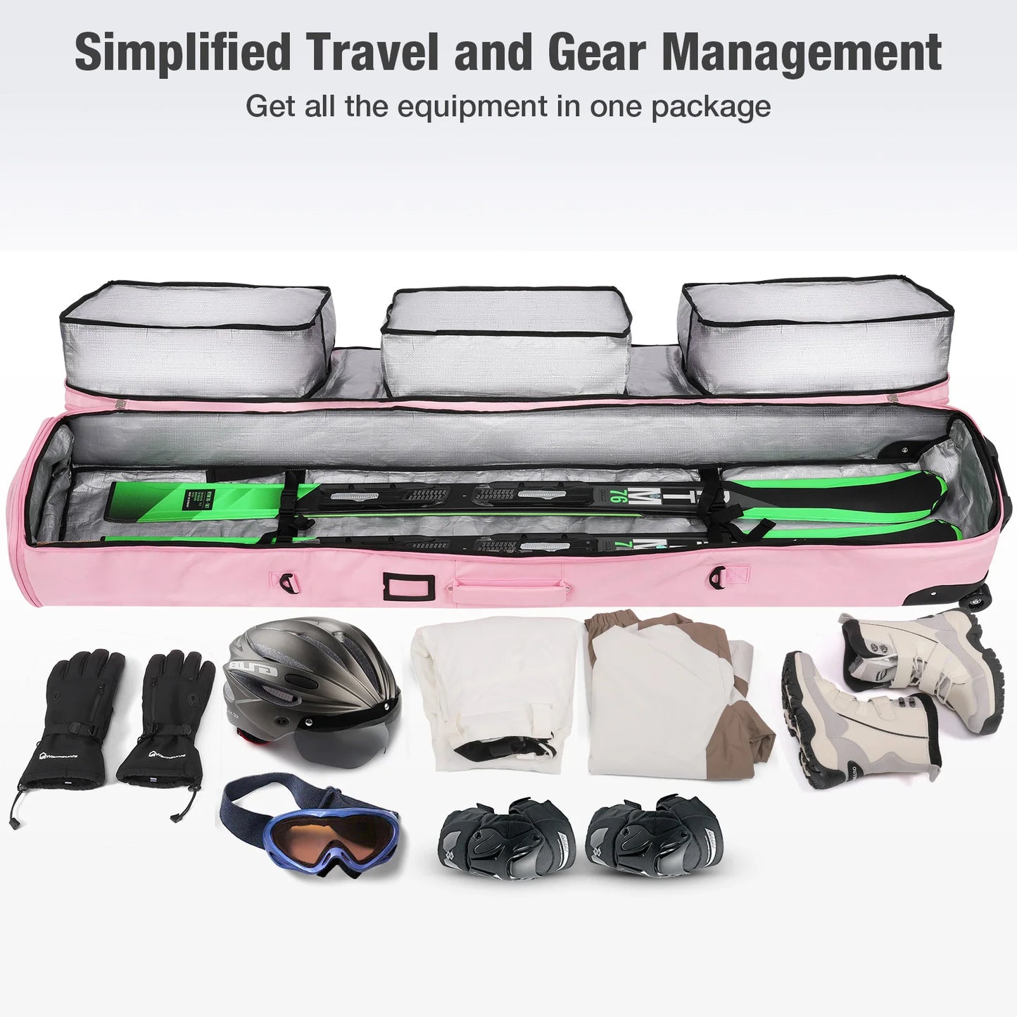 Pink/Black Winter Skiing Bag with Rolling Wheel Padded Polyester Waterproof Bag Adjustable Length 3 Separation Storage Board Bag
