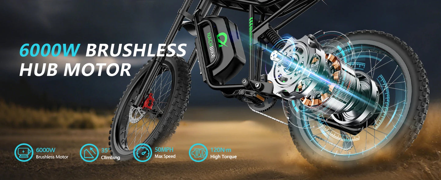 2025 50MPH Electric Bike 6000W Electric Dirt Bike with 60V25Ah Battery Max 50Miles Dual Hydraulic Brake Full Suspensions E-Bike