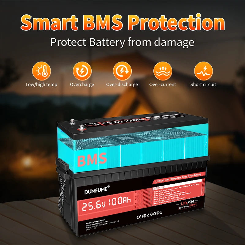 Dumfume 24V 100Ah Lifepo4 Lithium Battery 100A BMS 12V 600Ah/12V 314Ah/12V 100Ah/36V 100Ah Battery Solar RV 1 Year Warranty