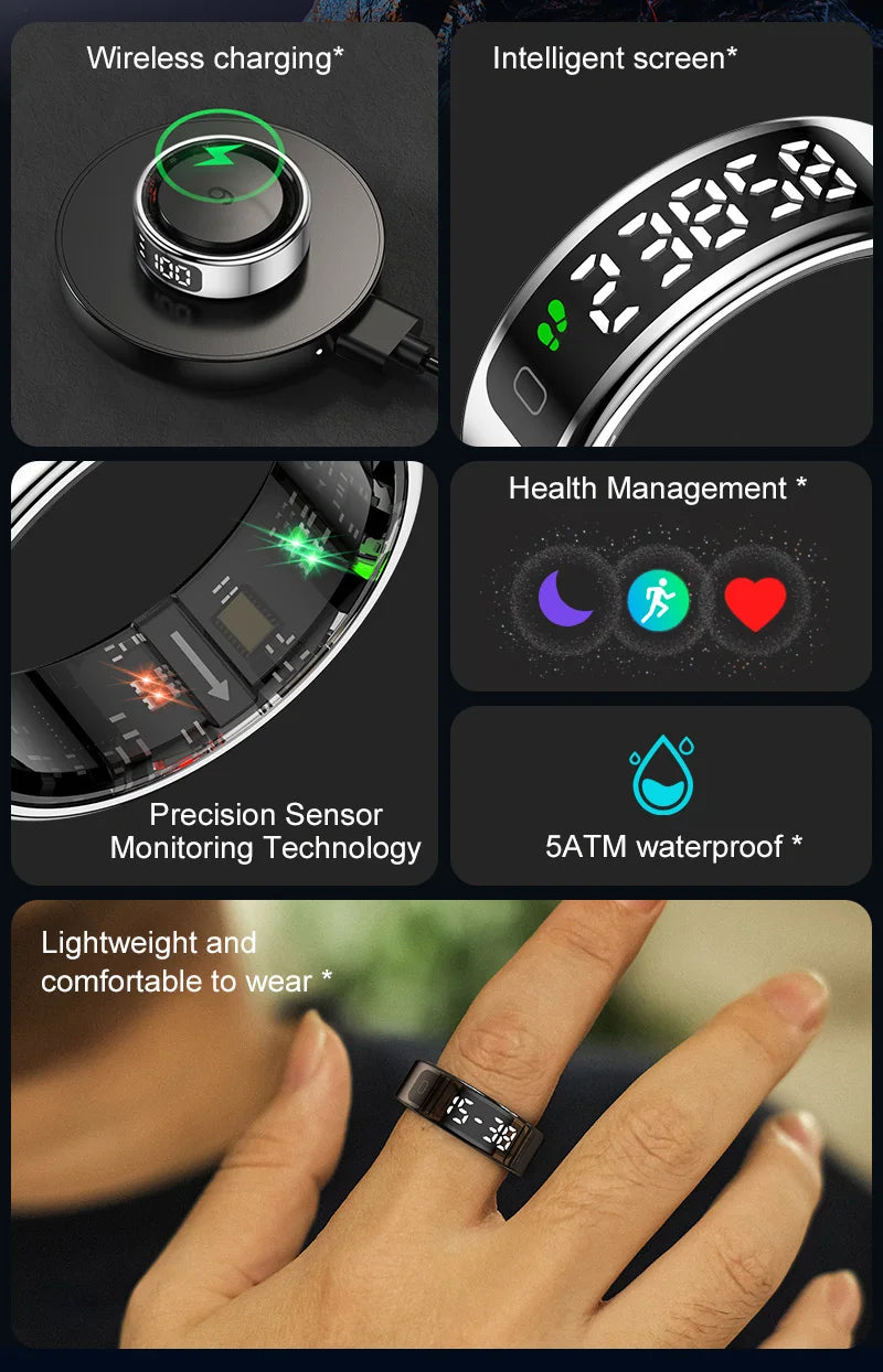 AMZMAX R11 Smart display Ring Men Women with Wireless Charging stand,Health and Sleep Monitor,5ATM Waterproof,Multi-sport Modes