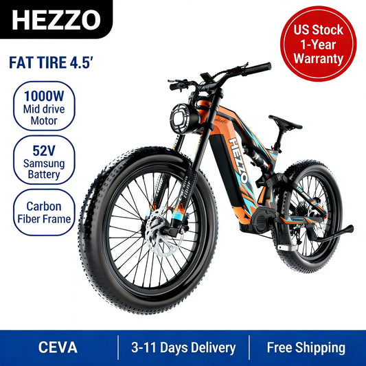 HEZZO K9 Fat Tire Electric Mountain Bike 1000W Mid Drive 52V Battery Off-Road US Stock 1-Year Warranty