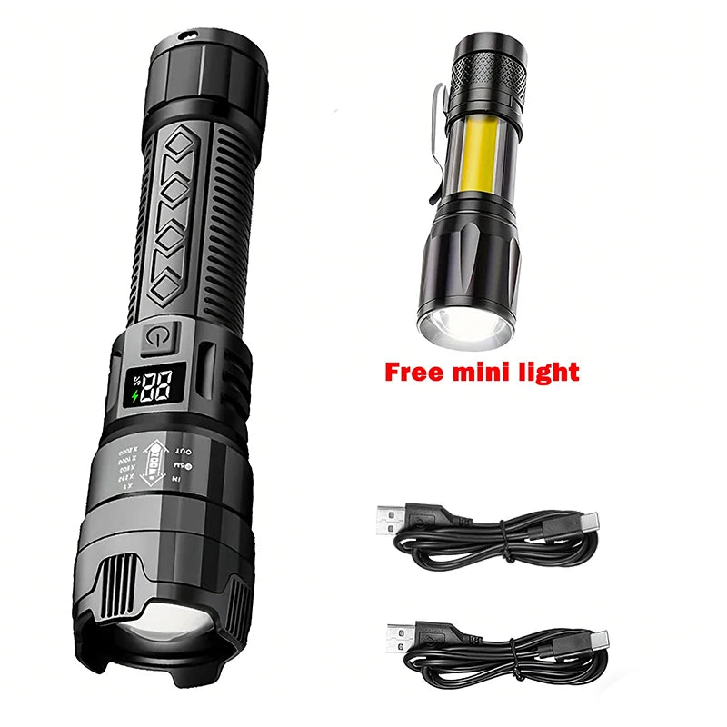 High Power 1000LM LED Flashlight Built-in Battery USB Rechargeable Strong Light Tactical Torch Outdoor Camping Hiking Lantern