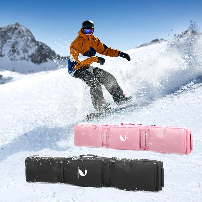Pink/Black Winter Skiing Bag with Rolling Wheel Padded Polyester Waterproof Bag Adjustable Length 3 Separation Storage Board Bag