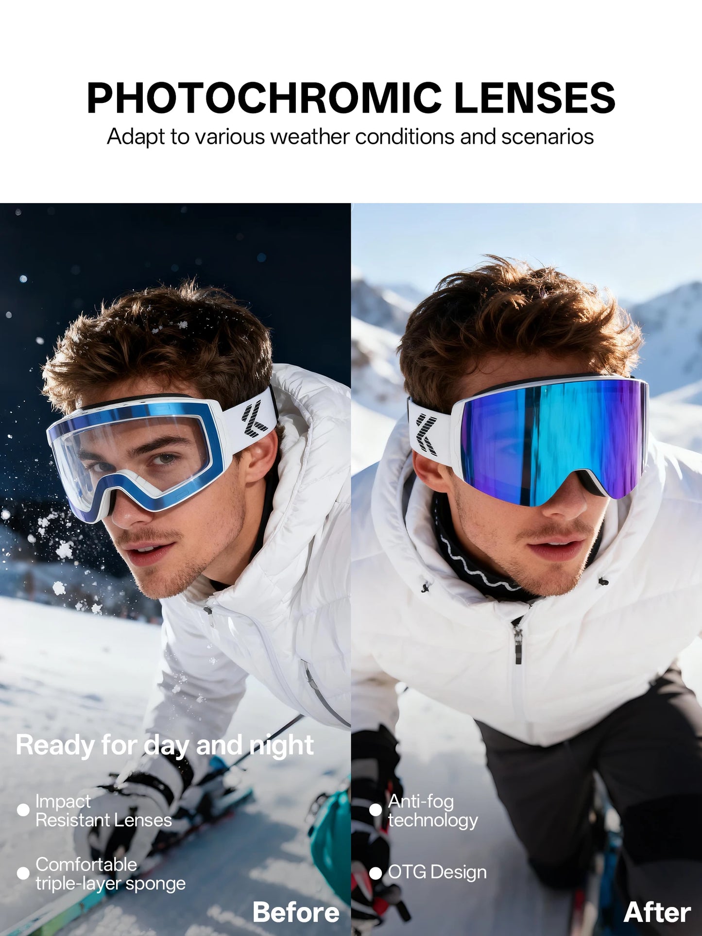 KAPVOE New Photochromic Ski Goggles Snowboard OTG Snow Glasses Magnetic Lens Men Women UV400 Double Layers Lens Anti Fog Skating