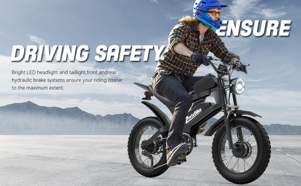ZorixBike R8 Pro Electric Off-Road Bike 20x4.0 3000W 35Mph 80Mile 48V 20Ah,7 Speed Wide Tire All Terrain E-Bike For Adult