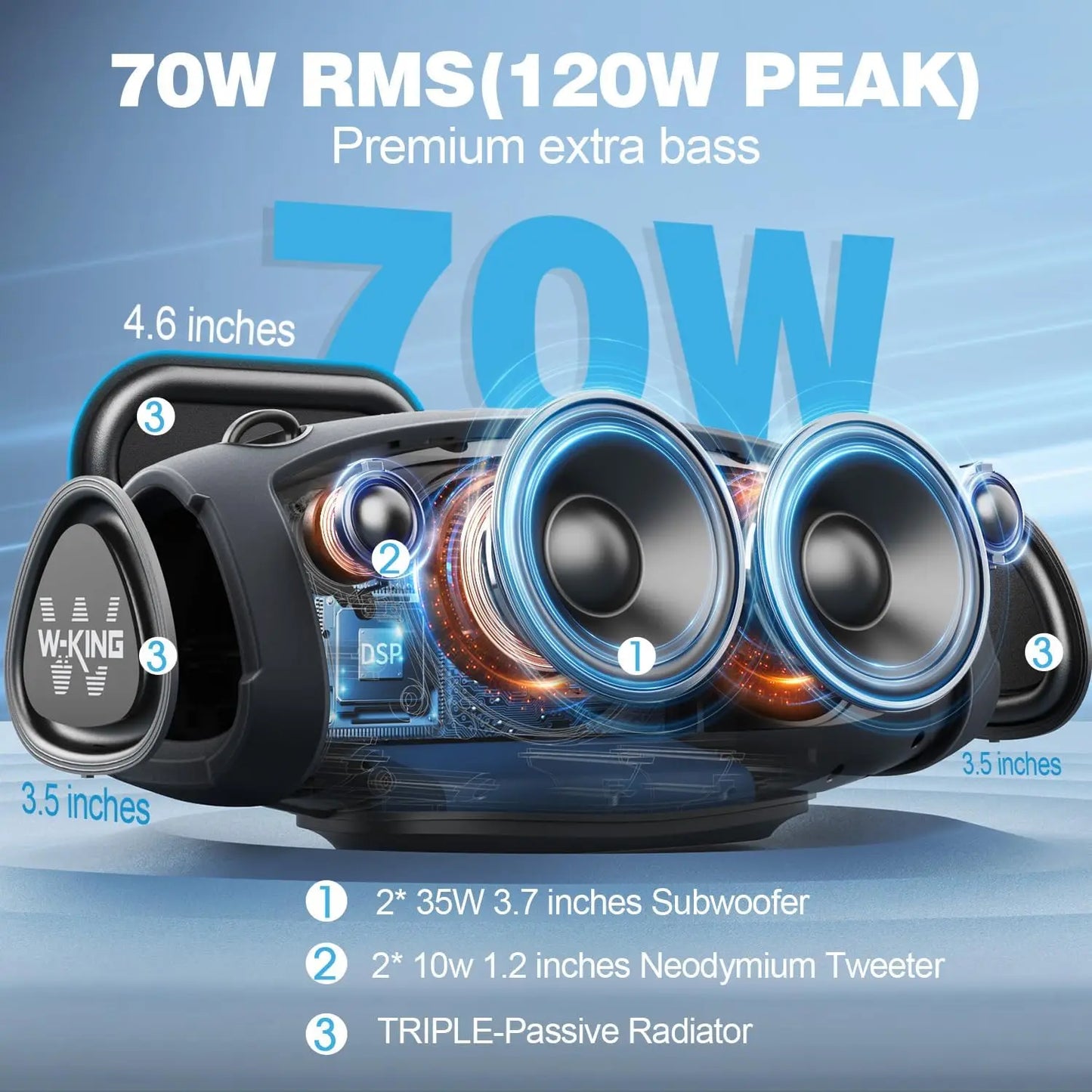 W-KING (120W PEAK)70W Portable Loud Bluetooth Speakers with Wireless Microphone,  Waterproof Outdoor Wireless Bluetooth