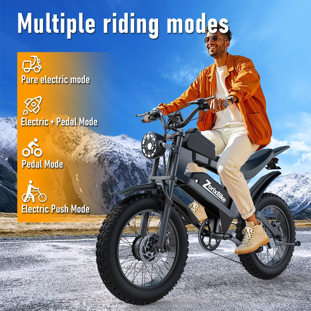 ZorixBike R8 Pro Electric Off-Road Bike 20x4.0 3000W 35Mph 80Mile 48V 20Ah,7 Speed Wide Tire All Terrain E-Bike For Adult