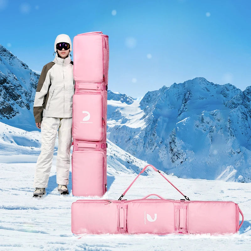 Pink/Black Winter Skiing Bag with Rolling Wheel Padded Polyester Waterproof Bag Adjustable Length 3 Separation Storage Board Bag
