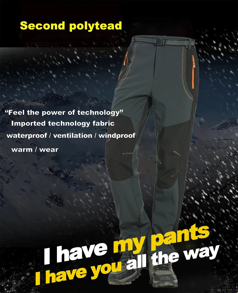 LNGXO Thick Warm Fleece Hiking Pants Men Winter Waterproof Windproof Outdoor Soft Shell Rain Trousers Trekking Camping Ski Pants
