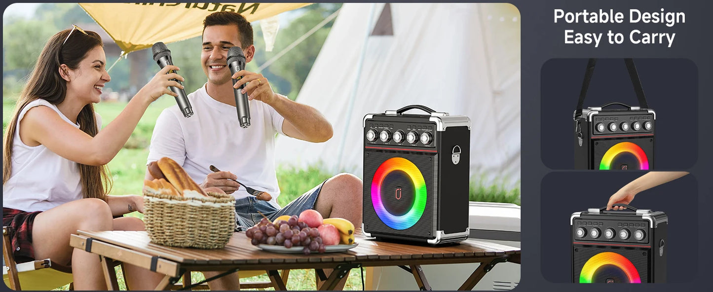 FanFun Karaoke Speaker, Bluetooth Speaker with 2 Microphones and LED Light, Portable Wireless Speaker, Outdoor Party Speaker