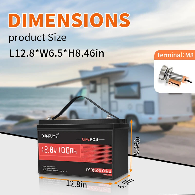 Dumfume 24V 100Ah Lifepo4 Lithium Battery 100A BMS 12V 600Ah/12V 314Ah/12V 100Ah/36V 100Ah Battery Solar RV 1 Year Warranty