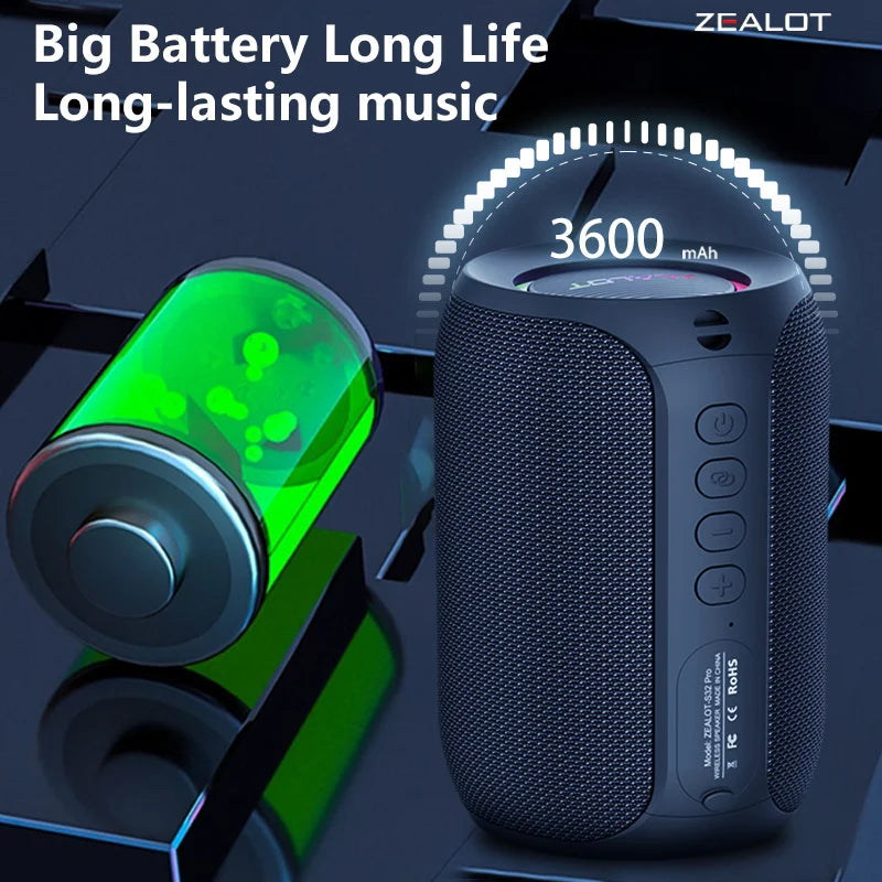 ZEALOT S32 pro Bluetooth Wireless Outdoor Portable Subwoofer Speaker Waterproof IPX6 Dual Pairing 3600mAh Wireless Speaker