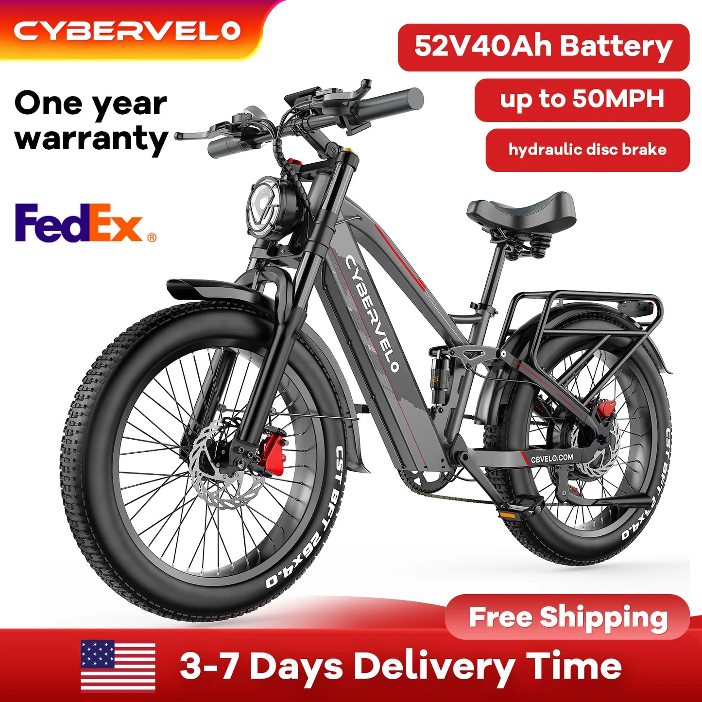 Cybervelo Strong Power Ebike, 5000w Motor Off Road Electric Bike, 100 Miles Long Range, 26"x4.0” Fat Tire, 40Ah Big Battery EK9