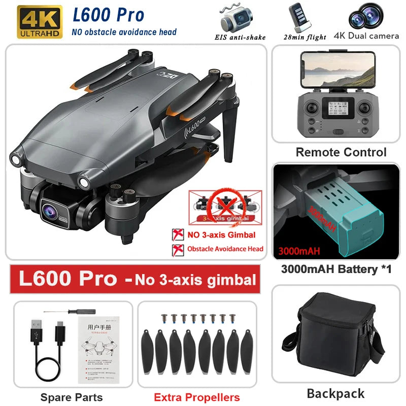 New L600 PRO MAX/PRO GPS Drone 5KM 4K Professional HD Dual Camera 3-Axis Gimbal 360° Obstacle Avoidance Brushless Quadcopter Toy