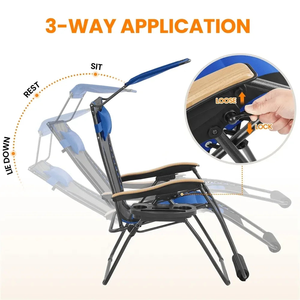 Outdoor Zero Gravity Chair XL Foldable Reclining Lounge Chair With Adjustable Sun Shade Cupholder Pillow Camping Chair For Pool